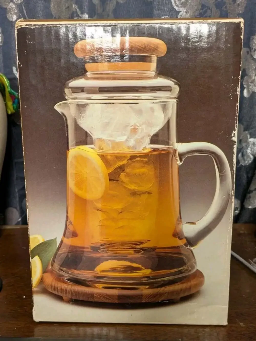 Vintage Baker Hart & Stuart Teak & Glass Pitcher 1.5 L With Ice Insert 10